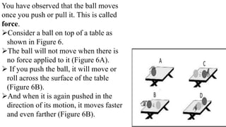 You have observed that the ball moves
once you push or pull it. This is called
force.
Consider a ball on top of a table as
shown in Figure 6.
The ball will not move when there is
no force applied to it (Figure 6A).
 If you push the ball, it will move or
roll across the surface of the table
(Figure 6B).
And when it is again pushed in the
direction of its motion, it moves faster
and even farther (Figure 6B).
 