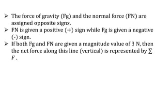  The force of gravity (Fg) and the normal force (FN) are
assigned opposite signs.
 FN is given a positive (+) sign while Fg is given a negative
(-) sign.
 If both Fg and FN are given a magnitude value of 3 N, then
the net force along this line (vertical) is represented by ∑
𝐹 .
 