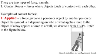There are two types of force, namely:
1. Contact forces – forces where objects touch or contact with each other.
Examples of contact forces:
1. Applied – a force given to a person or object by another person or
object. Its symbol is F depending on who or what applies force to the
object. If a boy applies a force to a wall, we denote it with FBOY. Refer
to the figure below.
 
