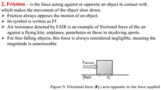2. Friction – is the force acting against or opposite an object in contact with
which makes the movement of the object slow down.
 Friction always opposes the motion of an object.
 Its symbol is written as Ff.
 Air resistance denoted by FAIR is an example of frictional force of the air
against a flying kite, airplanes, parachutes or those in skydiving sports.
 For free-falling objects, this force is always considered negligible, meaning the
magnitude is unnoticeable.
 