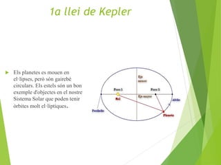  Els planetes es mouen en
el·lipses, però són gairebé
circulars. Els estels són un bon
exemple d'objectes en el nostre
Sistema Solar que poden tenir
òrbites molt el·líptiques.
1a llei de Kepler
 