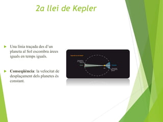  Una línia traçada des d’un
planeta al Sol escombra àrees
iguals en temps iguals.
 Conseqüència: la velocitat de
desplaçament dels planetes és
constant.
2a llei de Kepler
 