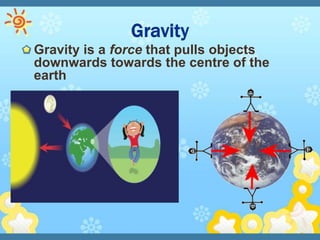 Gravity is a force that pulls objects
downwards towards the centre of the
earth
 