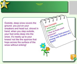 Outside, deep snow covers the ground. you put on your sneakers and head out. shovel in hand. when you step outside, your foot sinks deep into the snow. it's nearly up to your knees! not like the sparrow that hops across the surface of the snow without sinking! Forces in Fluid s " Pressure " Key Concepts *  what does pressure depend on? *  How do fluids exert pressure? *   How does fluid pressure change with elevation and depth? 