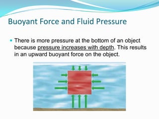 Buoyant Force and Fluid Pressure
 There is more pressure at the bottom of an object

because pressure increases with depth. This results
in an upward buoyant force on the object.

 