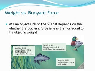 Weight vs. Buoyant Force
 Will an object sink or float? That depends on the

whether the buoyant force is less than or equal to
the object’s weight.

 