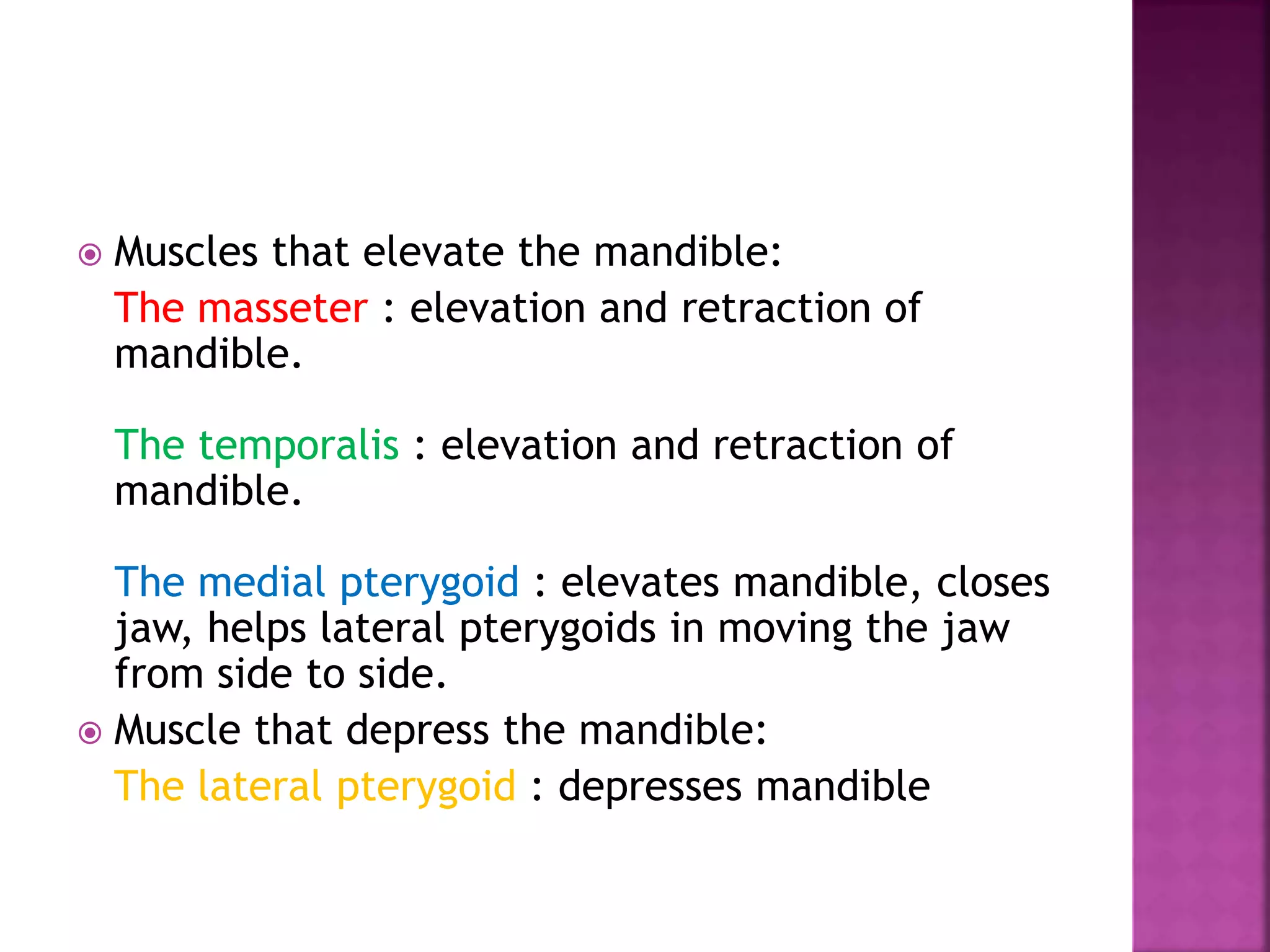  Muscles that elevate the mandible:
The masseter : elevation and retraction of
mandible.
The temporalis : elevation and retraction of
mandible.
The medial pterygoid : elevates mandible, closes
jaw, helps lateral pterygoids in moving the jaw
from side to side.
 Muscle that depress the mandible:
The lateral pterygoid : depresses mandible
 