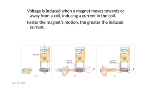 Dec 25, 2025
Voltage is induced when a magnet moves towards or
away from a coil, inducing a current in the coil.
Faster the magnet’s motion, the greater the induced
current.
 