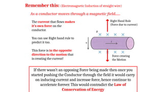 The current that flows makes
it’s own force on the
conductor.
You can use Right hand rule to
predict it too.
This force is in the opposite
direction to the motion that
is creating the current!
As a conductor moves through a magnetic field......
Remember this: (Electromagnetic Induction of straight wire)
If there wasn’t an opposing Force being made then once you
started pushing the Conductor through the field it would carry
on inducing current and increase force, hence continue to
accelerate forever. This would contradict the Law of
Conservation of Energy
Force creating
the Motion
Right Hand Rule
(Force due to current)
 