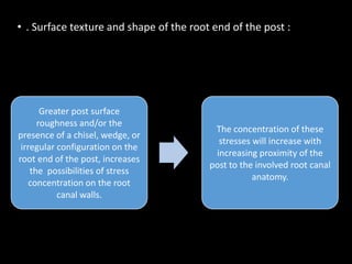 • . Surface texture and shape of the root end of the post :
Greater post surface
roughness and/or the
presence of a chisel, wedge, or
irregular configuration on the
root end of the post, increases
the possibilities of stress
concentration on the root
canal walls.
The concentration of these
stresses will increase with
increasing proximity of the
post to the involved root canal
anatomy.
 