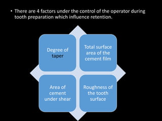 • There are 4 factors under the control of the operator during
tooth preparation which influence retention.
Degree of
taper
Total surface
area of the
cement film
Area of
cement
under shear
Roughness of
the tooth
surface
 