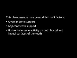 This phenomenon may be modified by 3 factors ;
• Alveolar bone support
• Adjacent teeth support
• Horizontal muscle activity on both buccal and
lingual surfaces of the teeth.
 