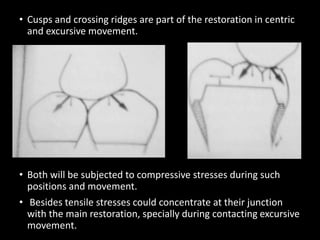 • Cusps and crossing ridges are part of the restoration in centric
and excursive movement.
• Both will be subjected to compressive stresses during such
positions and movement.
• Besides tensile stresses could concentrate at their junction
with the main restoration, specially during contacting excursive
movement.
 