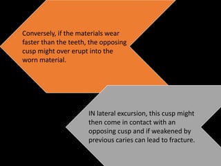 Conversely, if the materials wear
faster than the teeth, the opposing
cusp might over erupt into the
worn material.
IN lateral excursion, this cusp might
then come in contact with an
opposing cusp and if weakened by
previous caries can lead to fracture.
 