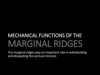 MECHANICAL FUNCTIONS OF THE
MARGINAL RIDGES
The marginal ridges play an important role in withstanding
and dissipating the occlusal stresses
 
