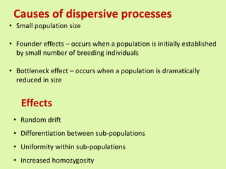 Causes of dispersive processes
• Small population size
• Founder effects – occurs when a population is initially established
by small number of breeding individuals
• Bottleneck effect – occurs when a population is dramatically
reduced in size
• Random drift
• Differentiation between sub-populations
• Uniformity within sub-populations
• Increased homozygosity
Effects
 