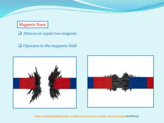 Magnetic Force
 Attracts or repels two magnets
 Operates in the magnetic field
https://ischoolskathleen.files.wordpress.com/2009/11/image_science009.jpg (05/08/2015)
 
