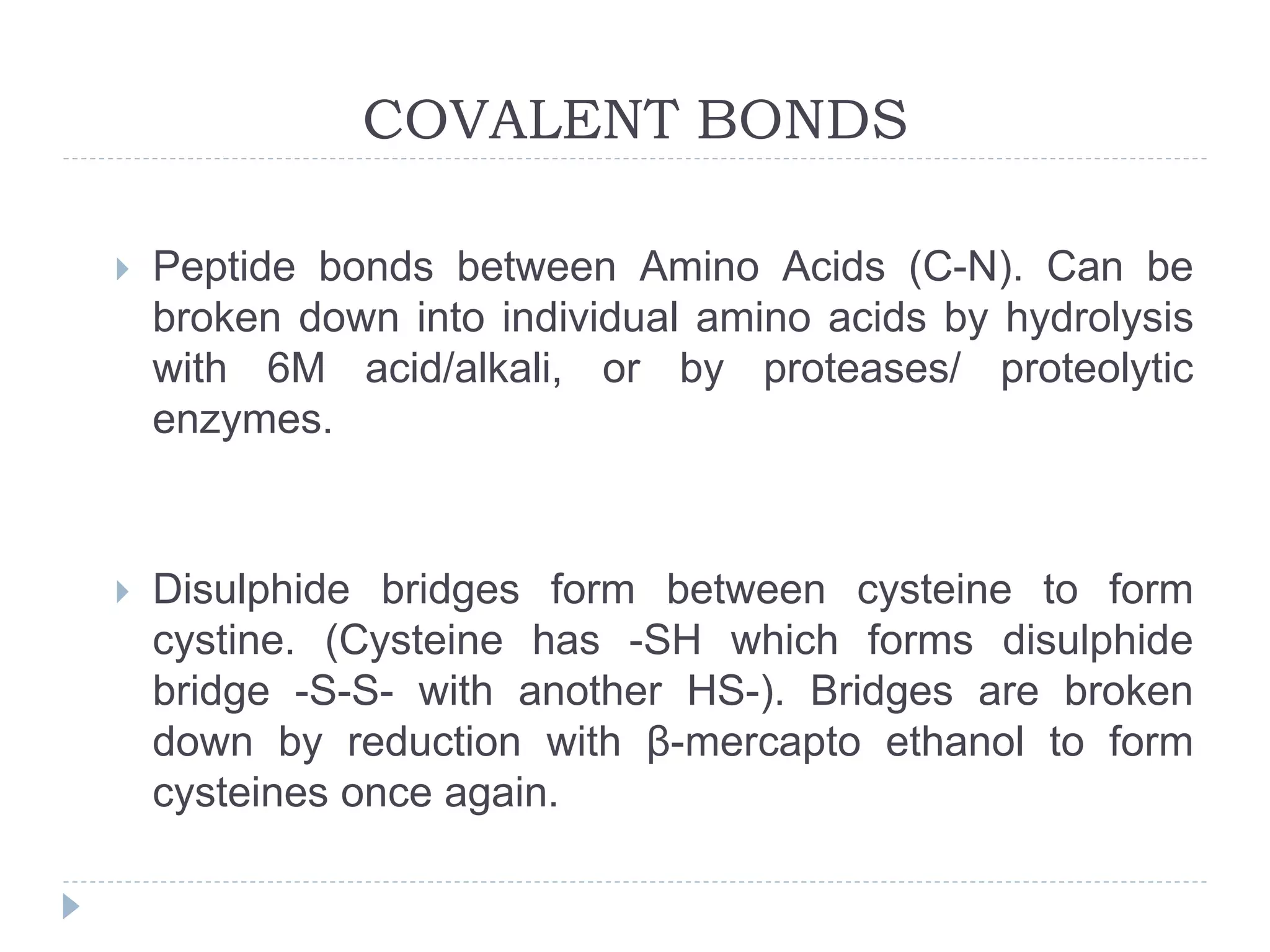COVALENT BONDS
 Peptide bonds between Amino Acids (C-N). Can be
broken down into individual amino acids by hydrolysis
with 6M acid/alkali, or by proteases/ proteolytic
enzymes.
 Disulphide bridges form between cysteine to form
cystine. (Cysteine has -SH which forms disulphide
bridge -S-S- with another HS-). Bridges are broken
down by reduction with β-mercapto ethanol to form
cysteines once again.
 