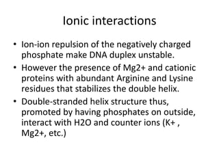 Ionic interactions
• Ion-ion repulsion of the negatively charged
phosphate make DNA duplex unstable.
• However the presence of Mg2+ and cationic
proteins with abundant Arginine and Lysine
residues that stabilizes the double helix.
• Double-stranded helix structure thus,
promoted by having phosphates on outside,
interact with H2O and counter ions (K+ ,
Mg2+, etc.)
 