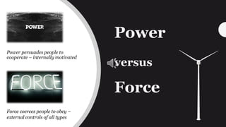 Power
versus
Force
Power persuades people to
cooperate – internally motivated
Force coerces people to obey –
external controls of all types
 