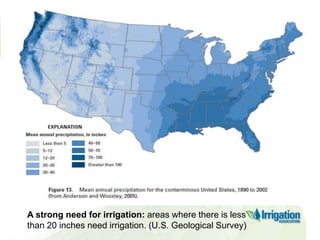 A strong need for irrigation: areas where there is less
than 20 inches need irrigation. (U.S. Geological Survey)

 