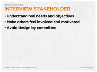 The Web Design Process: A Strategy for Success
Phase 1: Discovery
INTERVIEW STAKEHOLDER
• Understand real needs and objectives
• Make others feel involved and motivated
• Avoid design by committee
@letscounthedays
 