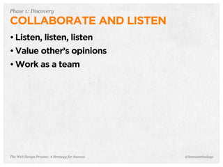 The Web Design Process: A Strategy for Success
Phase 1: Discovery
COLLABORATE AND LISTEN
• Listen, listen, listen
• Value other’s opinions
• Work as a team
@letscounthedays
 