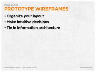 The Web Design Process: A Strategy for Success
Phase 2: Plan
PROTOTYPE WIREFRAMES
• Organize your layout
• Make intuitive decisions
• Tie in information architecture
@letscounthedays
 
