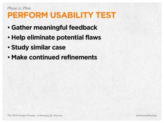 The Web Design Process: A Strategy for Success
Phase 2: Plan
PERFORM USABILITY TEST
• Gather meaningful feedback
• Help eliminate potential flaws
• Study similar case
• Make continued refinements
@letscounthedays
 