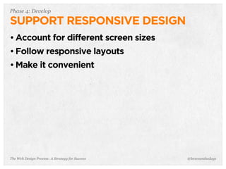 The Web Design Process: A Strategy for Success
Phase 4: Develop
SUPPORT RESPONSIVE DESIGN
• Account for different screen sizes
• Follow responsive layouts
• Make it convenient
@letscounthedays
 
