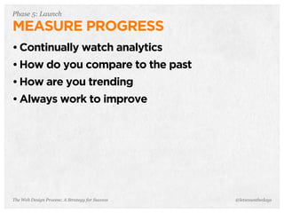 The Web Design Process: A Strategy for Success
Phase 5: Launch
MEASURE PROGRESS
• Continually watch analytics
• How do you compare to the past
• How are you trending
• Always work to improve
@letscounthedays
 
