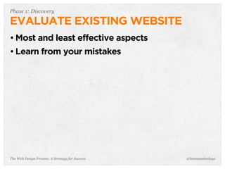 The Web Design Process: A Strategy for Success
Phase 1: Discovery
EVALUATE EXISTING WEBSITE
• Most and least effective aspects
• Learn from your mistakes
@letscounthedays
 