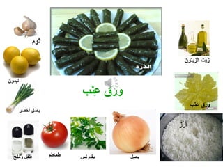 ‫نب‬َ‫ب‬‫ع‬ِ‫ن‬ ‫ر ق‬َ‫ب‬ ‫و‬َ‫ب‬
‫الزيتةلون‬ ‫زيت‬
‫نب‬َ‫ب‬‫ع‬ِ‫ن‬ ‫ر ق‬َ‫ب‬ ‫و‬َ‫ب‬
‫ليمةلون‬
‫أخضر‬ ‫بصل‬
‫وملح‬ ‫فلفل‬ ‫بقدونس‬‫طماطم‬ ‫بصل‬
‫رز‬ُ‫ز‬ ‫أ‬
‫ثةلوم‬
 