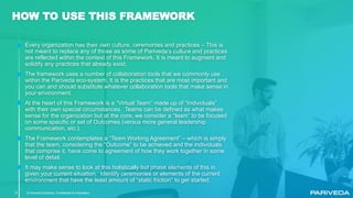 © Pariveda Solutions. Confidential & Proprietary3
HOW TO USE THIS FRAMEWORK
Every organization has their own culture, ceremonies and practices – This is
not meant to replace any of those as some of Pariveda’s culture and practices
are reflected within the context of this Framework. It is meant to augment and
solidify any practices that already exist.
The framework uses a number of collaboration tools that we commonly use
within the Pariveda eco-system. It is the practices that are most important and
you can and should substitute whatever collaboration tools that make sense in
your environment.
At the heart of this Framework is a “Virtual Team” made up of “Individuals”
with their own special circumstances. Teams can be defined as what makes
sense for the organization but at the core, we consider a “team” to be focused
on some specific or set of Outcomes (versus more general leadership
communication, etc.).
The Framework contemplates a “Team Working Agreement” – which is simply
that the team, considering the “Outcome” to be achieved and the individuals
that comprise it, have come to agreement of how they work together in some
level of detail.
It may make sense to look at this holistically but phase elements of this in
given your current situation. Identify ceremonies or elements of the current
environment that have the least amount of “static friction” to get started.
 