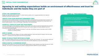 © Pariveda Solutions. Confidential & Proprietary.7
TIPS & TECHNIQUESSTART THE CONVERSATION
Engage with appropriate parties (business, IT, product owners, partners, etc). to gauge expectations and needs for
efficiently working with distributed teams.
CREATE YOUR TEAM WORKING AGREEMENT (TWA)
Using input from the broader ecosystem, virtual teams must create a working agreement amongst all team members. This
document helps the team react to changes that happen when teams are working in a distributed and virtual fashion and
should include provision on how it communicates, collaborates, and commemorates.
COVER ALL TOPICS OF HOW THE TEAM WORKS
The team should agree on how scheduling, meetings, communication, and culture can best be implemented and supported
when working remotely while remembering that not everyone may be able to agree to the same standard due to the
uniqueness of the current situation.
• Example: the team may work from 9a-4p CT every day, but one team member may need to work an offset
schedule for childcare reasons.
KEEP IT GOING
On a weekly basis, discuss any changes to the team working agreement. Expect that things will change in the first couple
weeks (or 1 -2 sprints) as the team storms and forms into new habits.
WORK TO BUILD TRUST WITH EACH OTHER
Help new members develop swift trust by introducing each person and their role on the team. For new members make sure
that 1:1’s are set up for personal introductions which would have normally happened on part of the onboarding.
OPEN A DIGITAL CO-WORKING SPACE
Some teams have reserved one Zoom line as an all-day meeting space for team members to join when they are not in other
meetings. This mimics a co-working space and allows for getting someone's attention for ad hoc questions.
• Share the document with others in the ecosystem so they can see the
intentionality with which the situation is being approached and so that they know
what to expect from the team when working remotely
• For composite teams (across multiple organizations you may need to work
through a set of standards or things that work best overall; as organizations
within teams are self sufficient it will be interface points that need to be agreed
upon
Agreeing to and setting expectations builds an environment of effectiveness and trust for
individuals and the teams they are part of
VIRTUAL TEAM FUNDAMENTALS
 