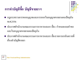 Thai FoodandDrug AdministrationT
l กฎกระทรวงการขออนุญาตและการออกใบอนุญาตขายยาแผนปัจจุบัน
พ.ศ.2556
l ประกาศสํานักงานคณะกรรมการอาหารและยา เรื3อง กําหนดแบบคําขอ
และใบอนุญาตขายยาแผนปัจจุบัน
l ประกาศสํานักงานคณะกรรมการอาหารและยา เรื3องรายการยาอันตรายที3
ต้องทําบัญชีขายยา
การทําบัญชีซืXอ บัญชีขายยาฯ
 