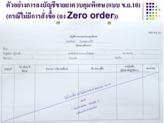Thai FoodandDrug AdministrationT
ตัวอย่างการลงบัญชีขายยาควบคุมพิเศษ(แบบ ข.ย.10)
(กรณีไม่มีการสัNงซืXอ (ลง Zero order))
 