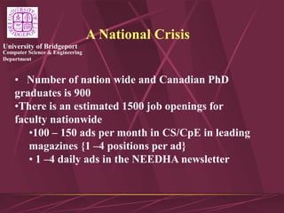 Computer Science & Engineering
Department
University of Bridgeport
A National Crisis
• Number of nation wide and Canadian PhD
graduates is 900
•There is an estimated 1500 job openings for
faculty nationwide
•100 – 150 ads per month in CS/CpE in leading
magazines {1 –4 positions per ad}
• 1 –4 daily ads in the NEEDHA newsletter
 