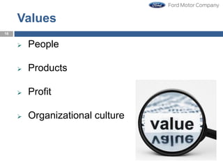 Values
 People
 Products
 Profit
 Organizational culture
16
 