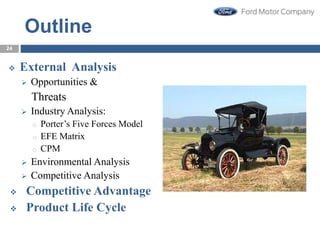 Outline
24
 External Analysis
 Opportunities &
Threats
 Industry Analysis:
o Porter’s Five Forces Model
o EFE Matrix
o CPM
 Environmental Analysis
 Competitive Analysis
 Competitive Advantage
 Product Life Cycle
 