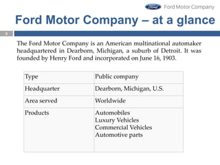 Ford Motor Company – at a glance
The Ford Motor Company is an American multinational automaker
headquartered in Dearborn, Michigan, a suburb of Detroit. It was
founded by Henry Ford and incorporated on June 16, 1903.
Type Public company
Headquarter Dearborn, Michigan, U.S.
Area served Worldwide
Products Automobiles
Luxury Vehicles
Commercial Vehicles
Automotive parts
5
5
 