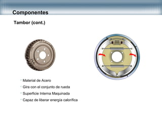 Componentes
Tambor (cont.)
 Material de Acero
 Gira con el conjunto de rueda
 Superficie Interna Maquinada
 Capaz de liberar energía calorífica
 