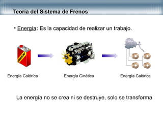 Teoría del Sistema de Frenos
• Energía: Es la capacidad de realizar un trabajo.
Energía Calóríca Energía Cinética Energía Calórica
La energía no se crea ni se destruye, solo se transforma
 