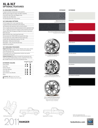 XL & XLT
OPTIONAL FEATURES
XL AVAILABLE OPTIONS                                                                                          INTERIOR       EXTERIOR
5-speed automatic transmission with overdrive
AM/FM stereo/single-CD player with MP3 capability
Front 60/40 split cloth seat (Regular Cab)
Limited-slip rear differential
Tilt steering wheel with cruise control
                                                                                                  Medium Dark Flint Vinyl    Oxford White
XLT AVAILABLE OPTIONS                                                                          Standard on XL Regular Cab
4.0L V6 engine (4x2 2-door SuperCab only)
5-speed automatic transmission with overdrive
4x4 drivetrain with electronic shift-on-the-fly (ESOF)
15-in. 5-spoke aluminum wheels (standard on 4x4, optional on 4x2)
16-in. Y-spoke cast-aluminum wheels (4-door SuperCab 4x4 only;
requires Skid Plate Package and Bright Trim Group or step bars)                                                              Torch Red
                                                                                Ebony Cloth with Medium Dark Flint Inserts
Black step bars                                                                             Standard on XL/XLT SuperCab
Black vinyl floor mats, slush-type (front only)
Full-size spare tire: P225/70R15 all-season (4x2 only)
Full-size spare tire: P235/75R15 all-terrain (4x4 only)
Limited-slip rear differential (requires 4.0L V6)
Skid plates — Mid and aft (4x4 only)
Skid plates — Fore, mid and aft (4x4 only)                                                                                   Redfire Metallic
Under-the-rail bedliner

XLT AVAILABLE PACKAGES
Bright Trim Group includes chrome sideview mirror caps, chrome
side step bars with non-skid surface, and chrome exhaust tip
(4.0L V6 SuperCab only)
Privacy glass with rear sliding window includes rear quarter                                                                 Vista Blue Metallic
windows (SuperCab only)                                                  15-in. 7-Spoke Silver Steel Wheels
Payload Package #2 includes increased rear spring rates and                   Standard on XL/XLT 4x2
heavy-duty gas-charged shocks on 4x2, or Rancho® heavy-duty
gas-charged shocks on 4x4 (4.0L V6 SuperCab only)

                                                 INTERIOR COLORS
EXTERIOR COLORS                                     XL     XLT
Oxford White                                         ᭿ ᭹     ᭹                                                               Silver Metallic
Torch Red                                            ᭿ ᭹     ᭹
Redfire Metallic                                             ᭹
Vista Blue Metallic                                  ᭿   ᭹   ᭹
Silver Metallic                                      ᭿   ᭹   ᭹
Dark Shadow Gray Metallic                            ᭿   ᭹   ᭹
Black                                                ᭿   ᭹   ᭹
                                                                         15-in. 5-Spoke Aluminum Wheels                      Dark Shadow Gray Metallic
INTERIORS: ᭿ Medium Dark Flint Vinyl                                  Standard on XLT 4x4/Optional on XLT 4x2
᭹ Ebony Cloth with Medium Dark Flint inserts




                                                                                                                             Black




                                                                       16-in. Y-Spoke Cast-Aluminum Wheels
                                                                      Optional on 4-Door SuperCab 4x4 only —
                                                                          requires Skid Plate Package and
                                                                           Bright Trim Group or Step Bars




                                                                                                                                         Colors are representative only.
 60/40 split front seat                Regular Cab                  SuperCab (2- or 4-door)                                              See your dealer for actual paint/trim options.




                                      RANGER                                                                                     fordvehicles.com
 