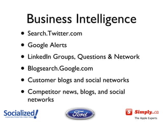 Business Intelligence Search.Twitter.com Google Alerts LinkedIn Groups, Questions & Network Blogsearch.Google.com Customer blogs and social networks Competitor news, blogs, and social networks 