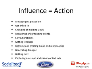 Influence = Action Message gets passed on Get linked to Changing or molding views Registering and attending events Solving problems Getting feedback Listening and creating brand and relationships Generating dialogue Getting press Capturing an e-mail address or contact info 