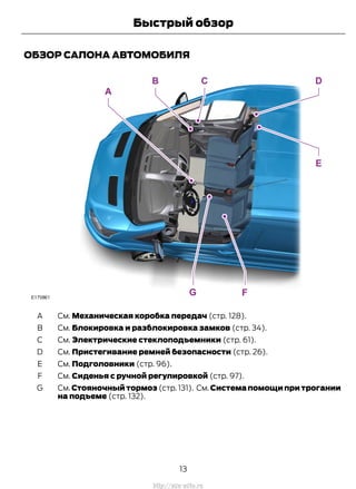 ОБЗОР САЛОНА АВТОМОБИЛЯ
См. Механическая коробка передач (стр. 128).A
См. Блокировка и разблокировка замков (стр. 34).B
См. Электрические стеклоподъемники (стр. 61).C
См. Пристегивание ремней безопасности (стр. 26).D
См. Подголовники (стр. 96).E
См. Сиденья с ручной регулировкой (стр. 97).F
См. Стояночный тормоз (стр. 131). См. Система помощи при трогании
на подъеме (стр. 132).
G
13
Transit (TTG) Vehicles Built From: 19-06-2014, EK3J-19A321-AXA (CG3612ruRUS) ruRUS, Edition date: 04/2014, First Printing
Быстрый обзор
http://ava-avto.ru
 