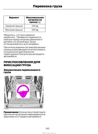 Максимальная
нагрузка на
крышу kg
Вариант
150 kgСредняя крыша
100 kgВысокая крыша
Убедитесь, что груз надежно
закреплен. Проверьте надежность
хомутов перед началом движения и
делайте это всякий раз, когда
останавливаетесь для заправки.
Прииспользованиисистемыбагажника
накрышерекомендуетсяиспользовать
специальные оригинальные
перекладины Ford для вашей модели
автомобиля.
ПРИСПОСОБЛЕНИЯ ДЛЯ
ФИКСАЦИИ ГРУЗА
Закрепление перевозимого
груза
Примечание:Количествоустройствдля
крепления груза может варьироваться в
зависимости от модели автомобиля.
160
Transit (TTG) Vehicles Built From: 19-06-2014, EK3J-19A321-AXA (CG3612ruRUS) ruRUS, Edition date: 04/2014, First Printing
Перевозка груза
http://ava-avto.ru
 