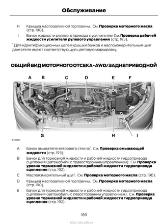 Крышка маслозаливной горловины. См. Проверка моторного масла
(стр. 190).
H
Бачок жидкости рулевого привода с усилителем См. Проверка рабочей
жидкости усилителя рулевого управления (стр. 193).
I
*
Для идентификационных целей крышки бачков и маслоизмерительный щуп
двигателя имеют соответствующую цветовую маркировку.
ОБЩИЙВИДМОТОРНОГООТСЕКА-AWD/ЗАДНЕПРИВОДНОЙ
Бачок омывателя ветрового стекла
*
. См. Проверка омывающей
жидкости (стр. 193).
A
Бачок для тормозной жидкости и рабочей жидкости гидропривода
сцепления (автомобили с правосторонним управлением): См. Проверка
уровня тормозной жидкости и рабочей жидкости гидропривода
сцепления (стр. 192).
B
Маслоизмерительный щуп
1
. См. Проверка моторного масла (стр. 190).C
Крышка маслозаливной горловины. См. Проверка моторного масла
(стр. 190).
D
Бачок для тормозной жидкости и рабочей жидкости гидропривода
сцепления (автомобиль с левосторонним управлением). См. Проверка
уровня тормозной жидкости и рабочей жидкости гидропривода
сцепления (стр. 192).
E
189
Transit (TTG) Vehicles Built From: 19-06-2014, EK3J-19A321-AXA (CG3612ruRUS) ruRUS, Edition date: 04/2014, First Printing
Обслуживание
http://ava-avto.ru
 