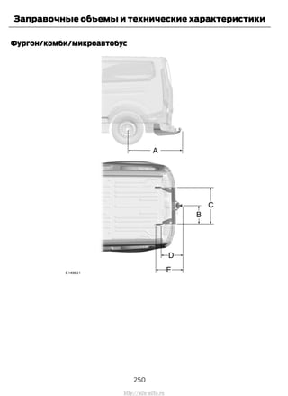 Фургон/комби/микроавтобус
250
Transit (TTG) Vehicles Built From: 19-06-2014, EK3J-19A321-AXA (CG3612ruRUS) ruRUS, Edition date: 04/2014, First Printing
Заправочные объемы и технические характеристики
http://ava-avto.ru
 